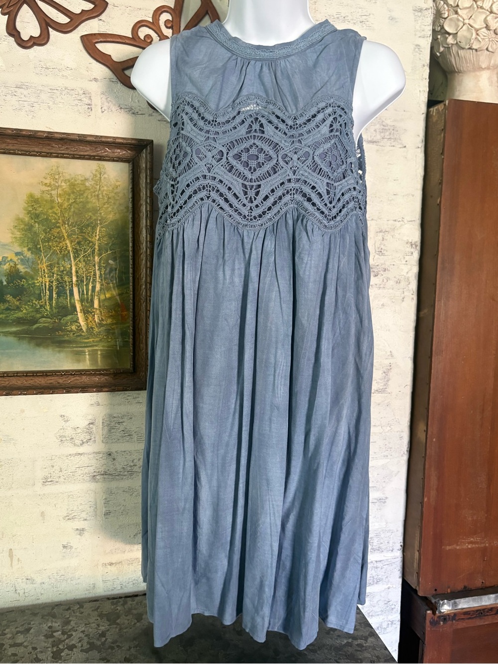Dance & Marvel Light Blue Crochet Yoke babydoll Dress nwt